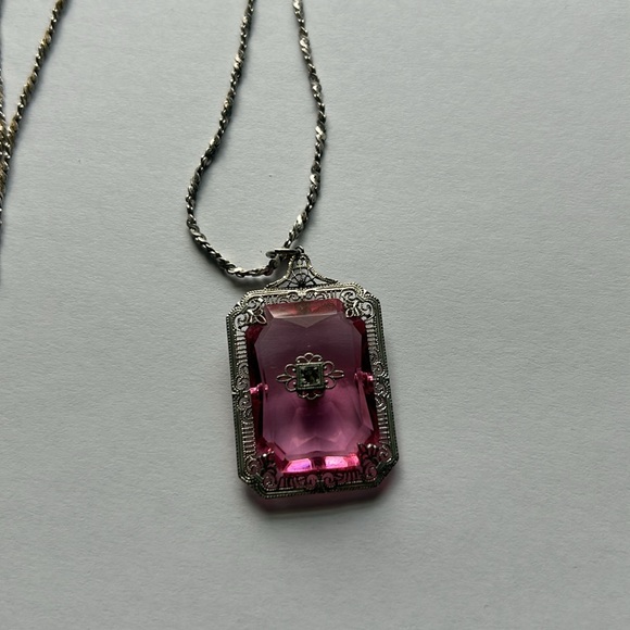 Vintage 1930s pink crystal sterling silver filigree necklace - Picture 3 of 4